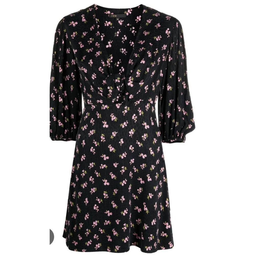 NWT MAJE Ruisso Floral-print Minidress In Black sz 36 (US Small)